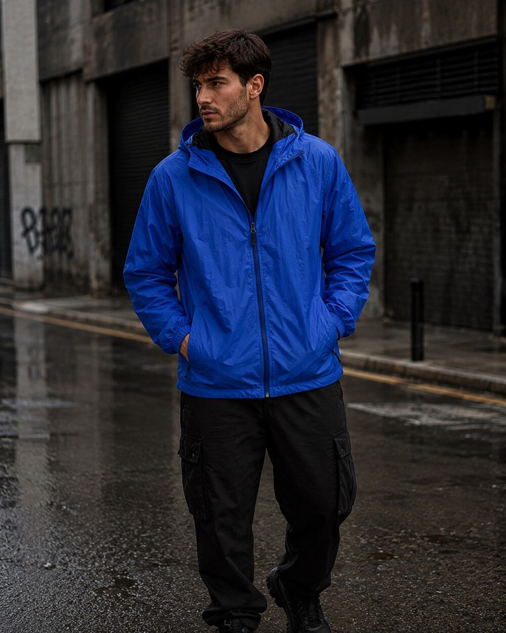 Selected Homme Hooded Windbreaker Jacket Blue Waterproof Men M Gorpcore Zip